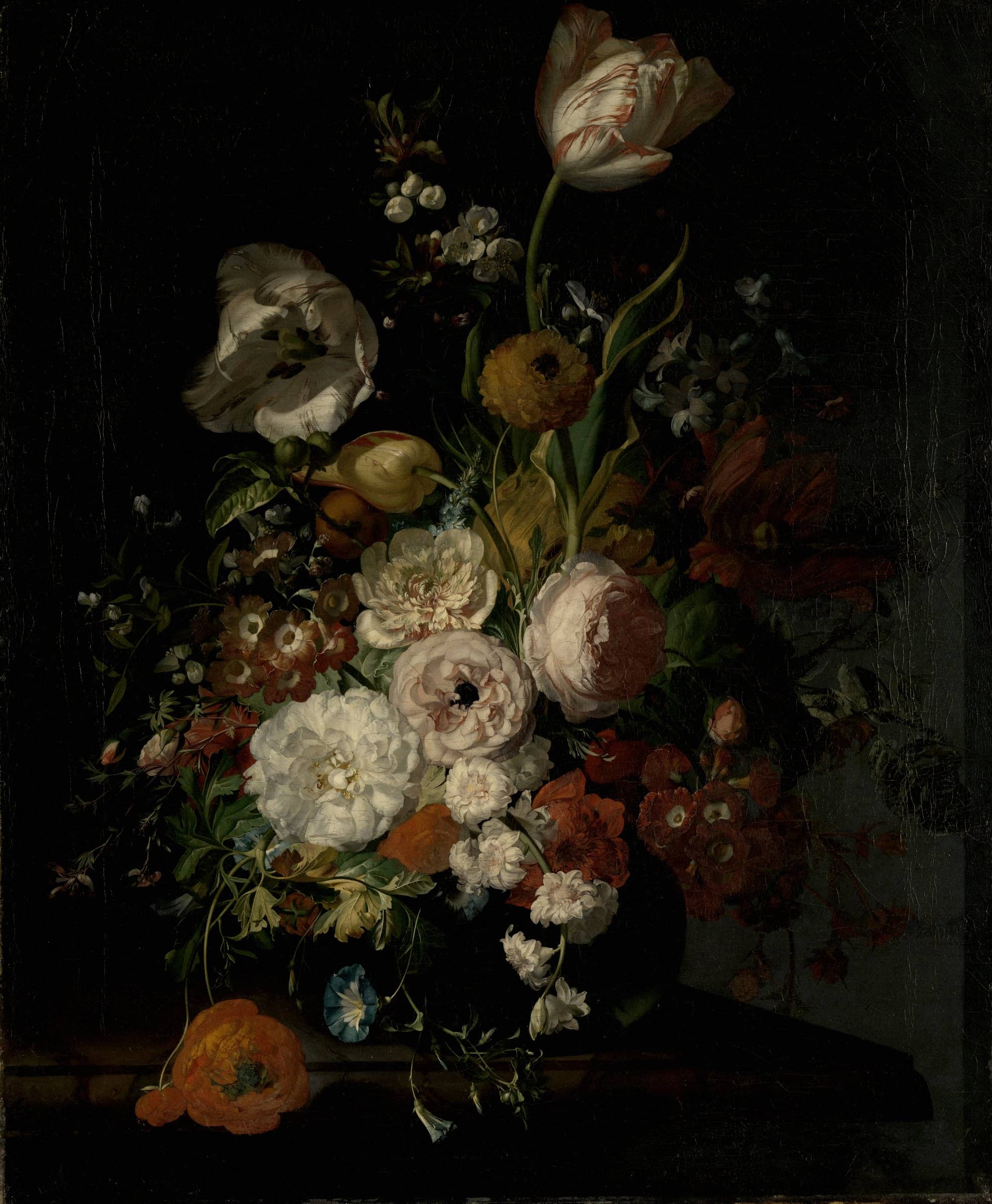 Still Life with Flowers in a Glass Vase by Rachel Ruysch, about 1690 to 1720, oil on canvas (Rijksmuseum)